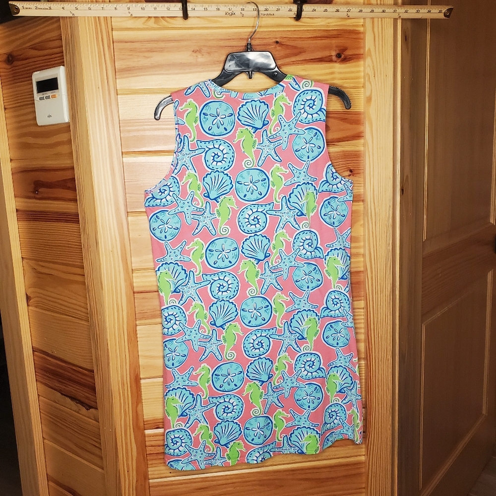 Simply Southern Coral Shell Print Sleeveless Dress with Aqua and Lime Accents - Picture 2 of 7